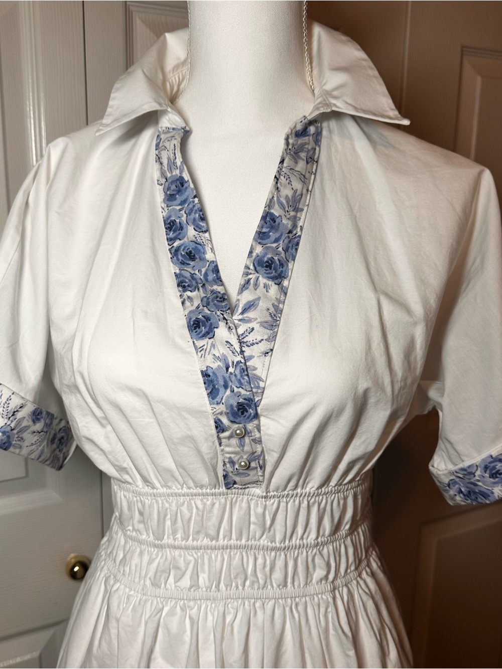 Anthropologie White Button-Down Dress with Blue Floral Trim up cycled